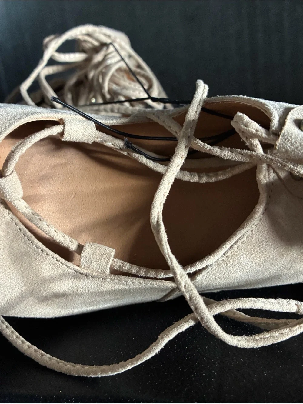 Suede Lace-Up Open-Toe Sandals in Beige